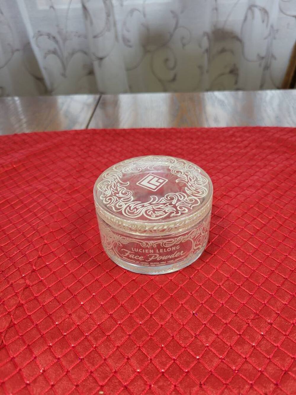 Vintage Lucien Lelong Glass Powder Jar 1940s Clear & White Swirl Vanity Decor